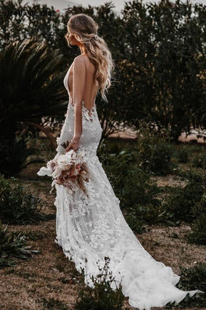 Charming Memaid V neck Backless Lace Appliques Tulle Wedding Dresses, Bridal Gown OW0010