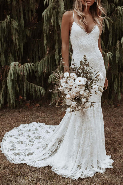 ivory mermaid wedding dress Elegant Lace Spaghetti Straps V neck Beach – trendtydresses Wedding Bells Dress - swatch:rothko-purple Step 1. Choose color *:Turquoise Long sleeve off the