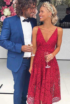 A Line Red Deep V Neck Spaghetti Straps Asymmetrical Lace Bridesmaid Dresses OB0001