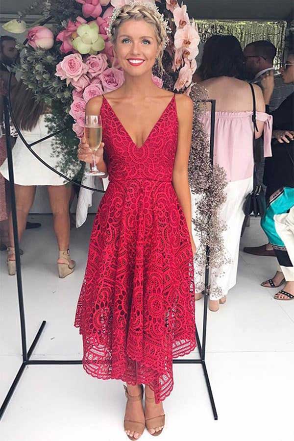 A Line Red Deep V Neck Spaghetti Straps Asymmetrical Lace Bridesmaid Dresses trendtydresses A Line Red Deep V Neck Spaghetti Straps Asymmetrical Lace Bridesmaid Dresses trendtydresses