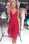 A Line Red Deep V Neck Spaghetti Straps Asymmetrical Lace Bridesmaid Dresses OB0001