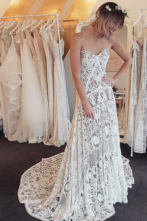 Boho Mermaid Sweetheart Lace Long Wedding Dresses, Beach Wedding Dresses OW0003