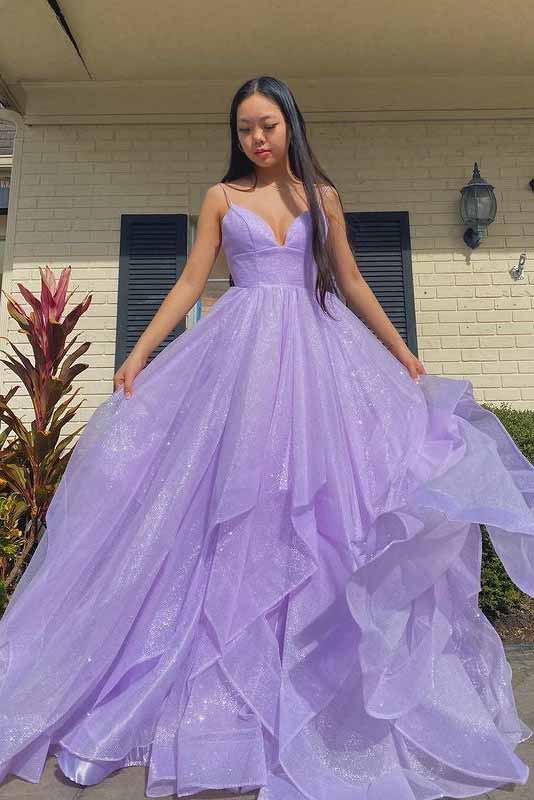 Princess Sparkly V-Neck Spaghetti Straps Purple Prom Dresses,Long Prom Dresses OM0107
