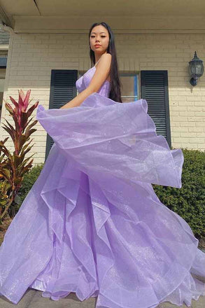 Princess Sparkly V-Neck Spaghetti Straps Purple Prom Dresses,Long Prom Dresses OM0107