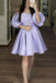 A line Lavender Puffy Sleeves Sweetheart Satin Homecoming Dresses, Cocktail Dress OMH0065