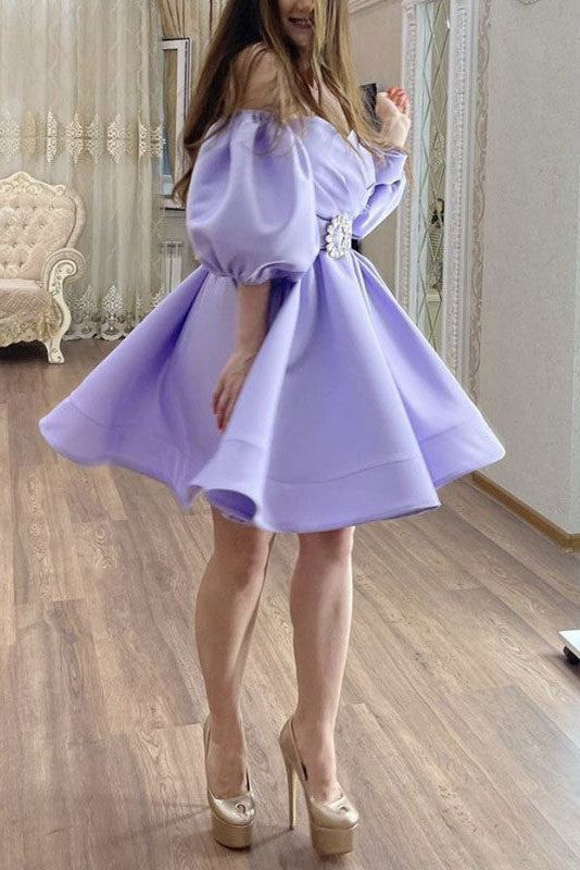 A line Lavender Puffy Sleeves Sweetheart Satin Homecoming Dresses, Cocktail Dress OMH0065
