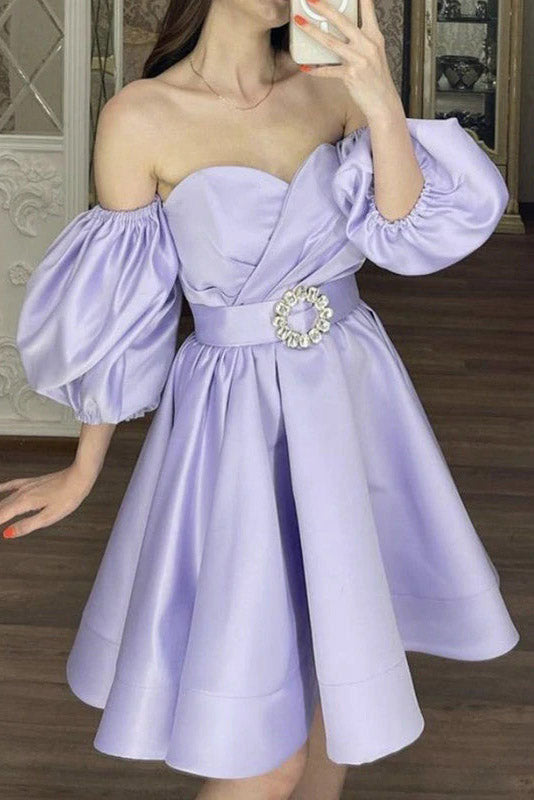 A line Lavender Puffy Sleeves Sweetheart Satin Homecoming Dresses, Cocktail Dress OMH0065