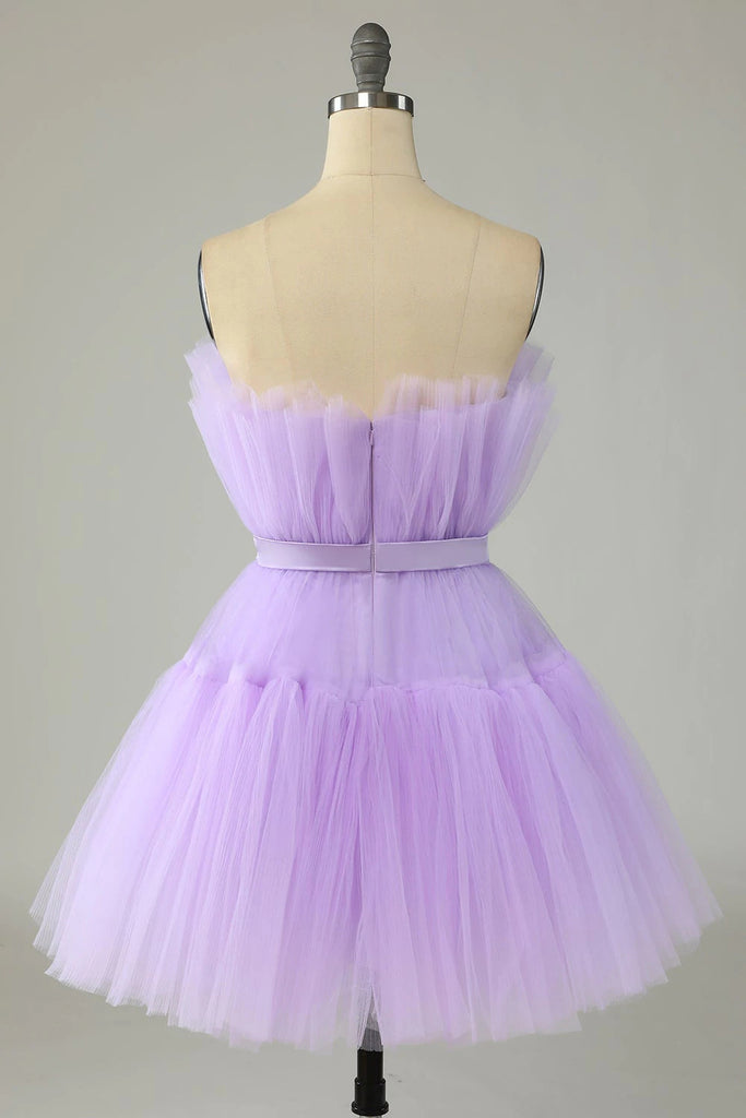 Cute Lavender A line Strapless Tulle Homecoming Dresses, Cocktail Dresses with Ribbon OMH0082
