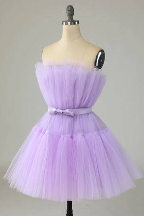 Cute Lavender A line Strapless Tulle Homecoming Dresses, Cocktail Dresses with Ribbon OMH0082