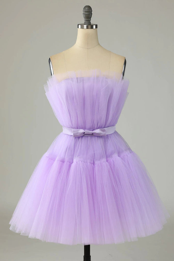 Cute Lavender A line Strapless Tulle Homecoming Dresses, Cocktail Dresses with Ribbon OMH0082