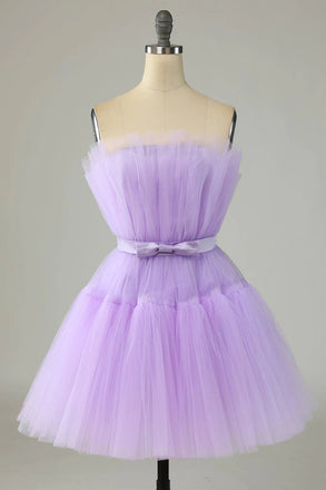 Cute Lavender A line Strapless Tulle Homecoming Dresses, Cocktail Dresses with Ribbon OMH0082