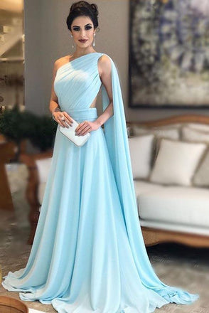 Light Blue One Shoulder Chiffon Formal Prom Gown, Simple Bridesmaid Dresses PDI35