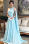 Light Blue One Shoulder Chiffon Formal Prom Gown, Simple Bridesmaid Dresses PDI35