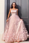 A Line Spaghetti Straps Tulle Hand Made Flowers Floor Length Sleeveless Prom Evening Dress OM0300