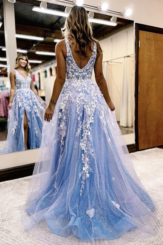 A Line Light Blue V Neck Lace Appliques Long Prom Dresses, Slit Evening Gowns OM0349
