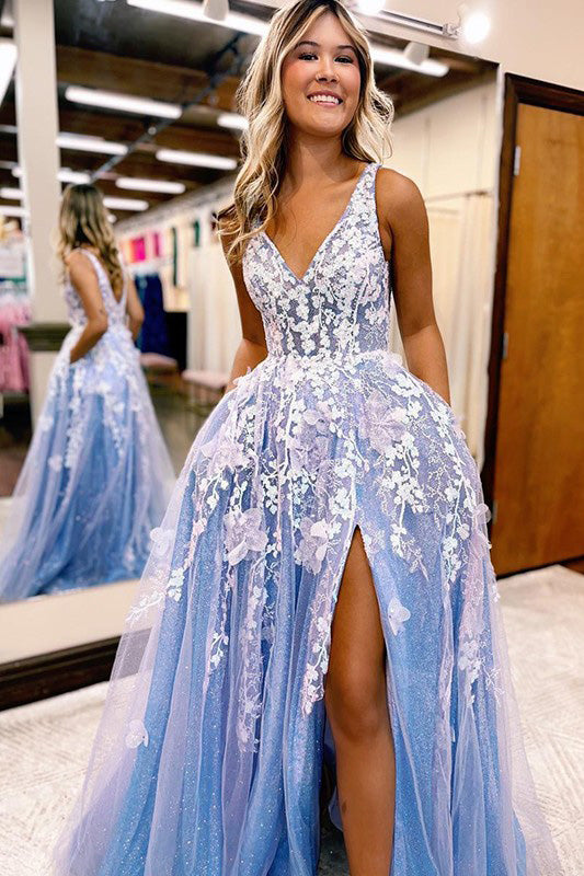 A Line Light Blue V Neck Lace Appliques Long Prom Dresses, Slit Evening Gowns OM0349