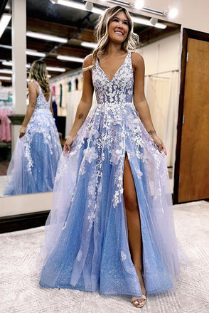 A Line Light Blue V Neck Lace Appliques Long Prom Dresses, Slit Evening Gowns OM0349