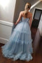 A Line Light Blue Strapless Tulle Long Prom Dresses, Evening Dresses Formal Gown OM0218