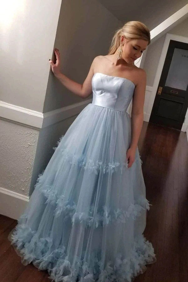 A Line Light Blue Strapless Tulle Long Prom Dresses, Evening Dresses Formal Gown OM0218