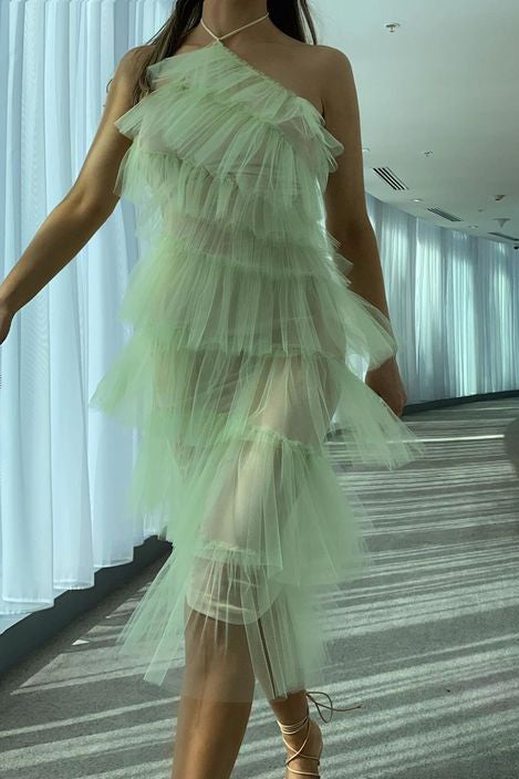 New Halter Light Green Tulle Short Prom Dresses, Simple Homecoming Dresses OM0186