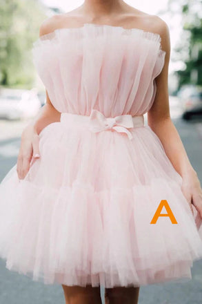 Light Pink Tulle Strapless Short Homecoming Dress with Sash, Graduation Dresses OMH0196