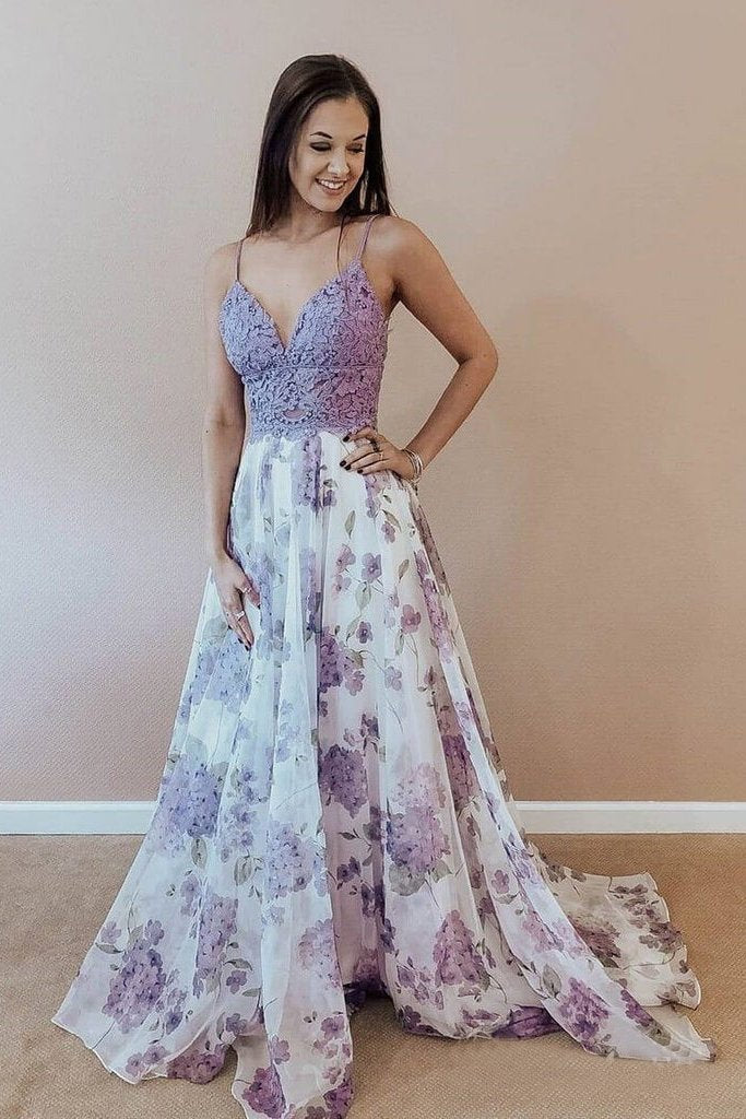 Lilac A Line Floral Boho Prom Dresses For Teens Spaghetti Strap Junior Prom Dress PDI4
