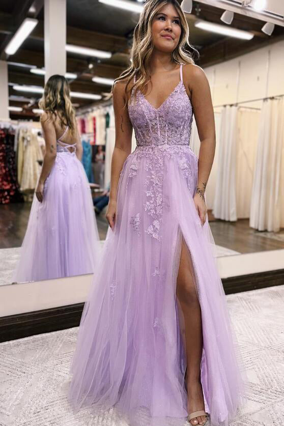 Princess A line Lilac V Neck Tulle Prom Dresses With Lace Up, Appliques Dance Dress OM0325