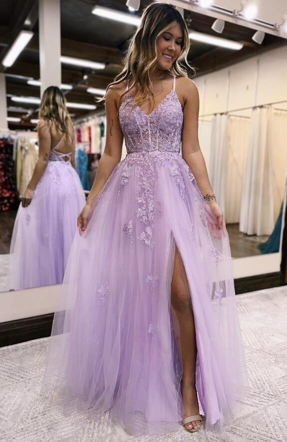 Princess A line Lilac V Neck Tulle Prom Dresses With Lace Up, Appliques Dance Dress OM0325