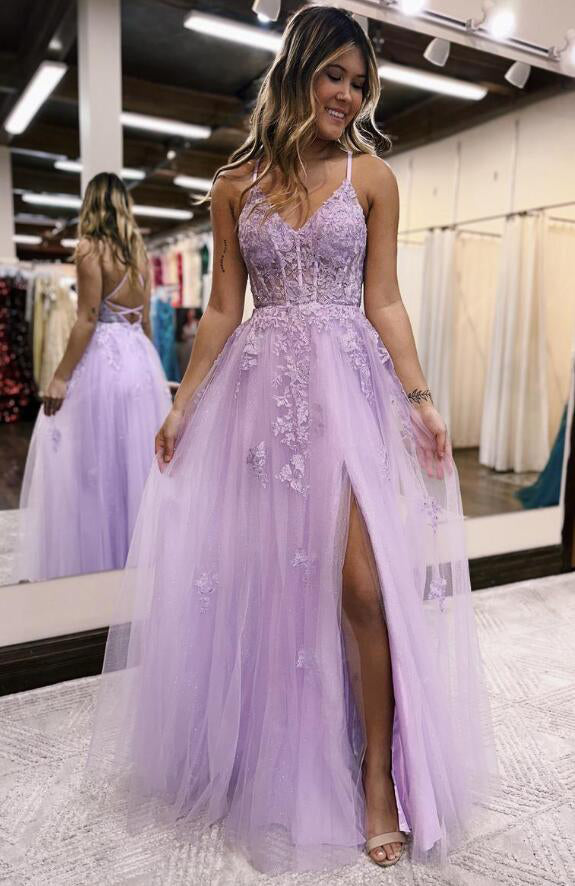 Sweep Train V Neck Lace Tulle Yarn Princess Prom Dress With Glitter - Prom  Dresses - Stacees