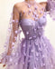 High Neck Long Sleeves Tulle Hand Made Flowers Prom Dresses Sexy Slit Evening Dress OM0287