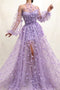 High Neck Long Sleeves Tulle Hand Made Flowers Prom Dresses Sexy Slit Evening Dress OM0287