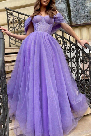 A line Lilac Off the Shoulder Sweetheart Prom Dresses With Slit, Evening Dress OM0372