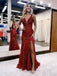 Sparkly Mermaid Sequins Burgundy V Neck Straps Prom Dresses With Slit, Evening Dress OM0358