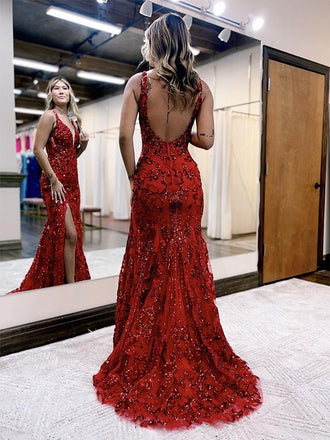 Sparkly Mermaid Sequins Burgundy V Neck Straps Prom Dresses With Slit, Evening Dress OM0358