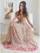 A-Line V-Neck Long Sleeves Tulle Prom Dresses with Floral Appliques PDN10