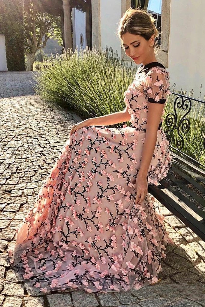 Floral Long Short Sleeves Cheap Prom Dresses with Appliques PDN12