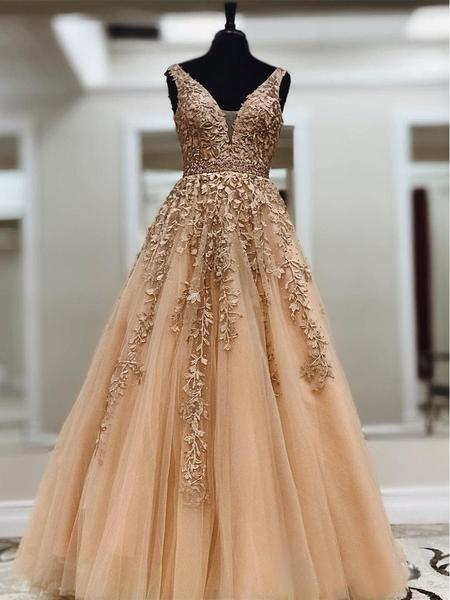 A Line V Neck Long Lace Applique Prom Dresses Cheap Ball Gown PDH44