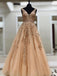 A Line V Neck Long Lace Applique Prom Dresses Cheap Ball Gown PDH44