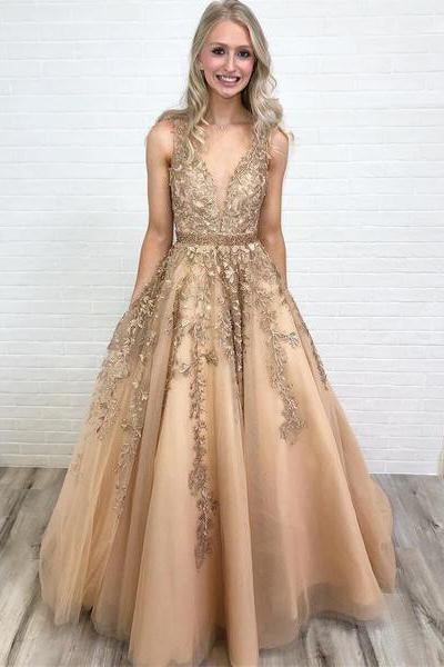 A Line V Neck Long Lace Applique Prom Dresses Cheap Ball Gown PDH44