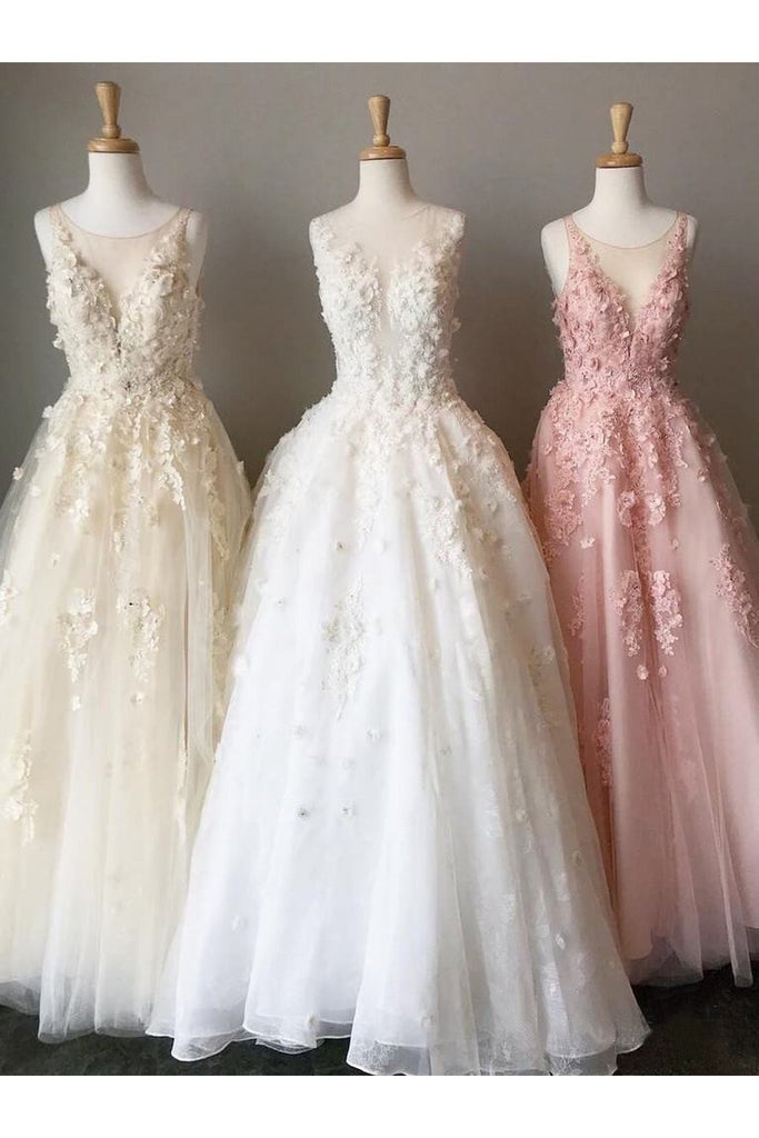 A Line Long Lace Applique Prom Dresses Cheap Tulle Evening Dresses PDH43