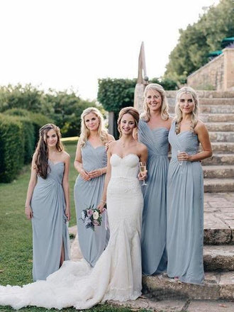 Long One Shoulder Cheap Dusty Blue Bridesmaid Dresses with Slit PDO18