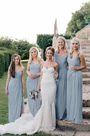 Long One Shoulder Cheap Dusty Blue Bridesmaid Dresses with Slit PDO18
