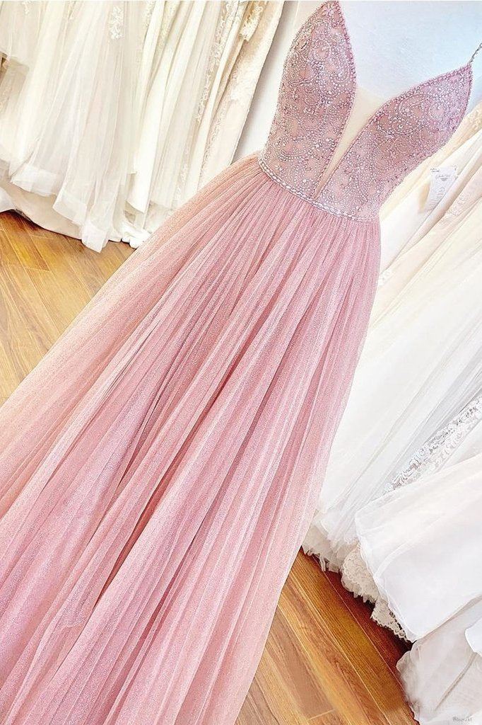 Long Beaded Bodice V-neck Neckline Chiffon Pink Prom Dress Formal Dresses PDS7