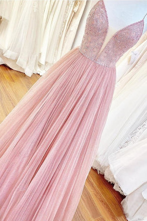 Long Beaded Bodice V-neck Neckline Chiffon Pink Prom Dress Formal Dresses PDS7