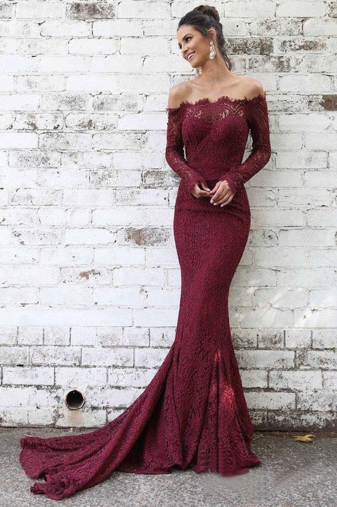 Long Sleeve Lace Maroon Mermaid Prom Dresses Off the Shoulder Evening Dress PDL43