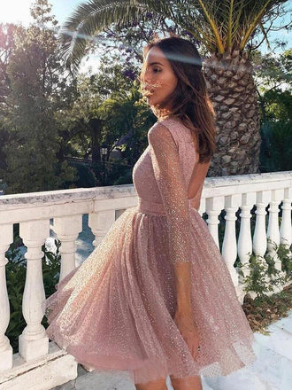 Pink Sequins Long Sleeve Short Homecoming Dresses Backless Formal Dress PDO7