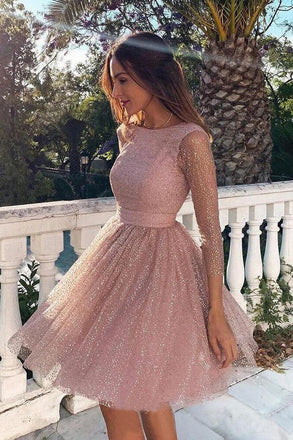 Pink Sequins Long Sleeve Short Homecoming Dresses Backless Formal Dress PDO7