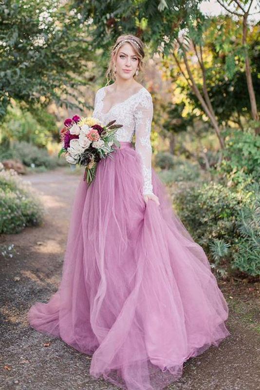 A-Line V-Neck Long Sleeves Pink Tulle Wedding Dresses with Lace Appliques PPD80