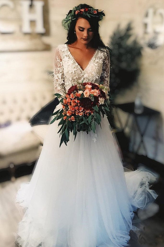 Long Sleeve Lace Tulle V Neck Boho Beach Wedding Dresses Rustic Bridal Dress PDH76