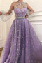 Long Sleeve  A-line Sparkly Star Lace Lilac Long Prom Dresses PDG83